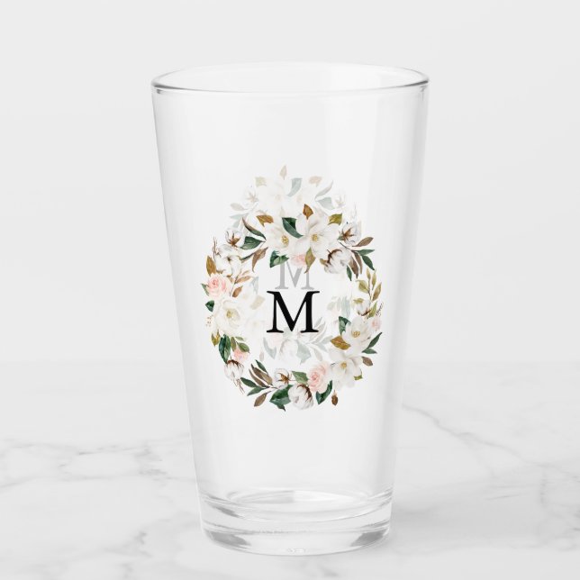  och vita Magnolia Watercolor Wandeans Monogram Glaskopp (Framsida)