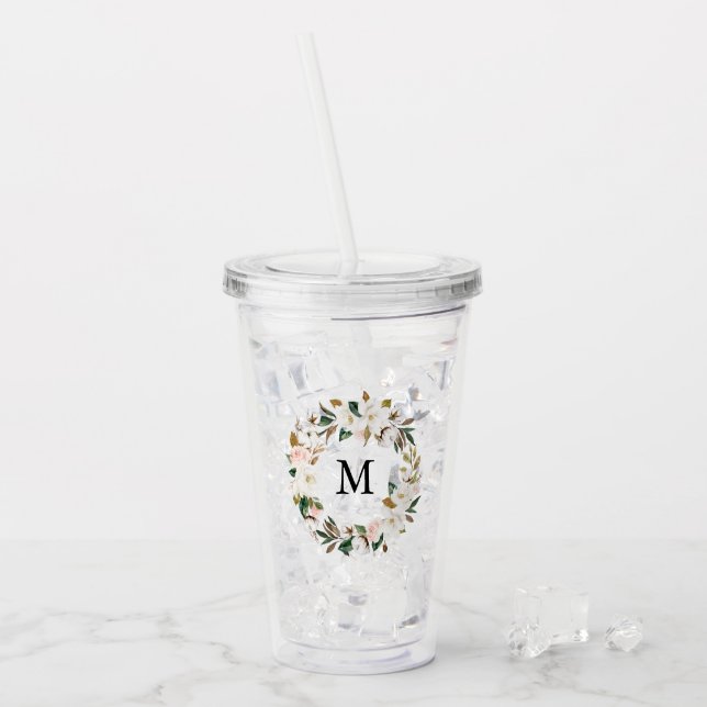  och vita Magnolia Watercolor Wandeans Monogram Take Away Mugg (Framsida Ice)