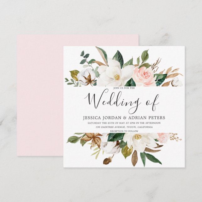  och vita vackra blommor Modern Bröllop Inbjudningar (Fram/baksida)
