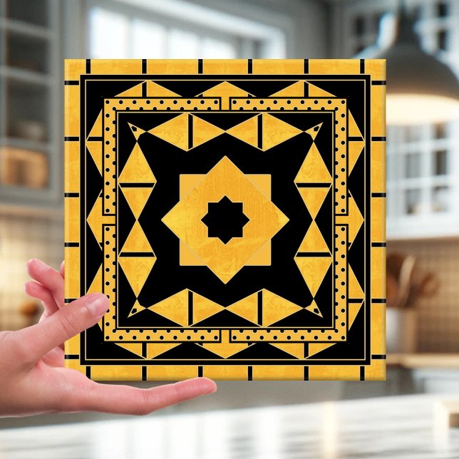 Ocher Black Geometric Bathroom Tile Kakelplatta (Ceramic tile featuring a stylish geometric pattern in ocher and black with a touch of gold.)
