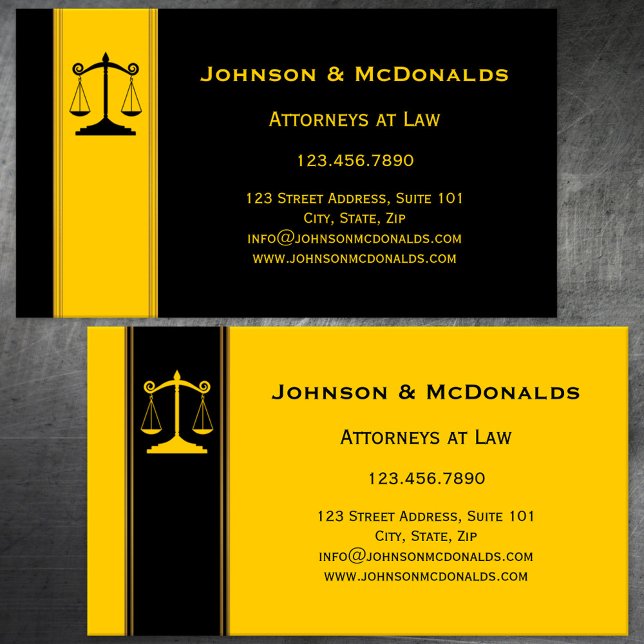 Ocher Black Gold Law Offices visitkort (Business card featuring scales to represent a law firm - lawyer - attorney at law - judge - legal)
