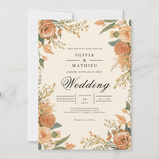 Ochre Blommigt Flourish Bröllop Inbjudningar (Framsida)