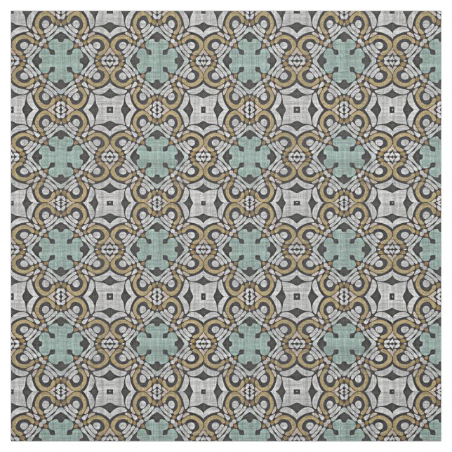 Ochre Brown Grönt Grått Retro Nouveau Deco Mönster Tyg (Provkarta)