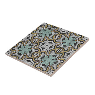 Ochre Brown Seafoam Teal Grönt Ethnic Tribe Art Kakelplatta