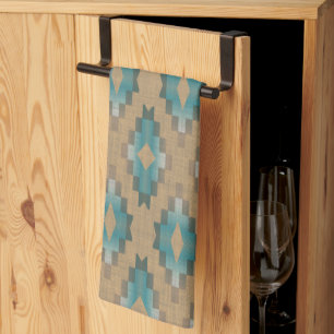 Ochre Brown Taupe Teal Blue Tribal Art Mönster Kökshandduk