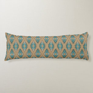 Ochre Brown Taupe Teal Blue Tribal Art Mönster Kroppskudde