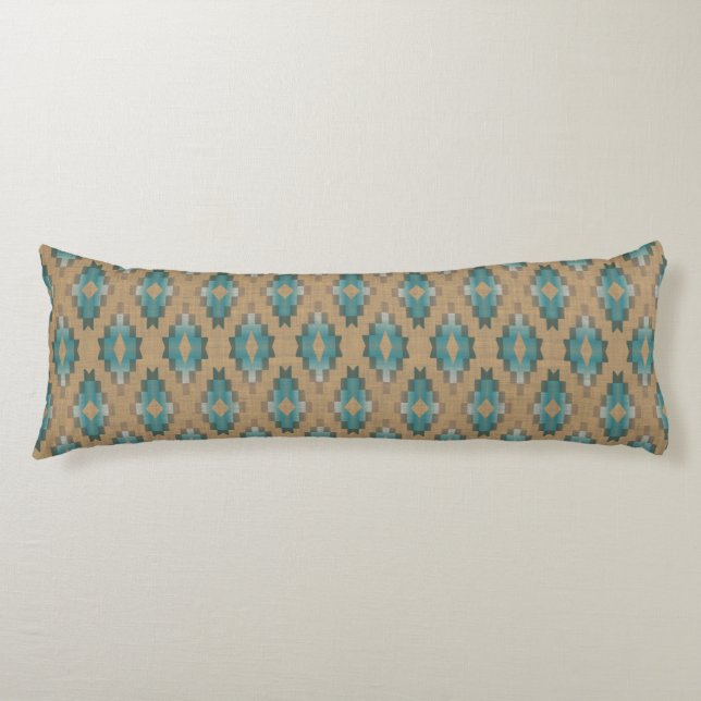Ochre Brown Taupe Teal Blue Tribal Art Mönster Kroppskudde (Framsidan)