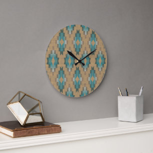 Ochre Brown Taupe Teal Blue Tribal Art Mönster Stor Klocka