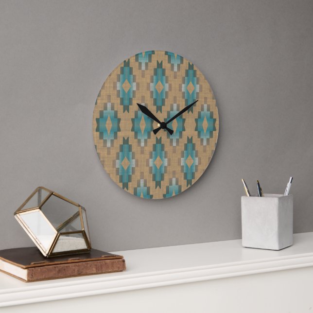 Ochre Brown Taupe Teal Blue Tribal Art Mönster Stor Klocka (Kontor)
