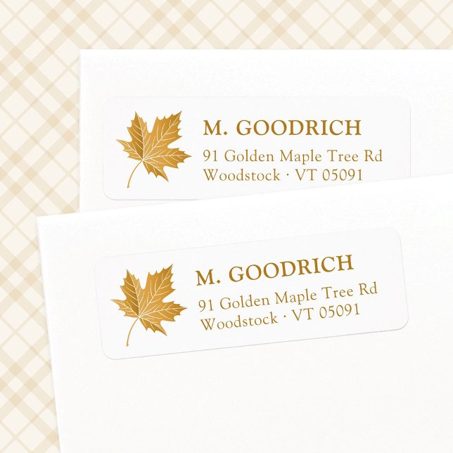 Ochre Fall Autumn Löv. Returadress Etikett (Elegant Maple leaf return address label template. Fall, Autumn leaf, Thanksgiving address label.)