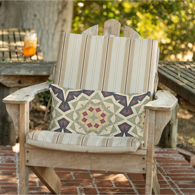 Ochre Gult Red Oliv grönt Black Tribal Art Lumbarkudde (Stol)