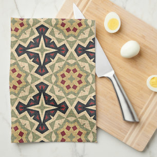 Ochre Mustard Gult Oliv grönt Black Tribal Art Kökshandduk