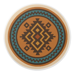 Ochre Teal Zigzag Diamond Zapotec Ceramic Knob Knopp