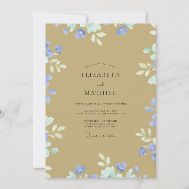 Ocker Blågröna Vildblomma Bröllop Inbjudningar (Framsida)