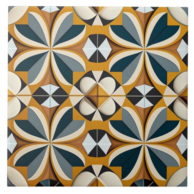 Ocker och teal retroblommig geometri kakelplatta (The complete printed tile design. Tiles sold individually.)