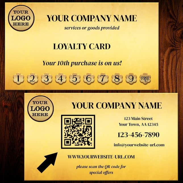 Ocker Svart Guld Lojalitetskort (Eye-catching artistic loyalty punch card in ocher and black with logo and QR code - business card)