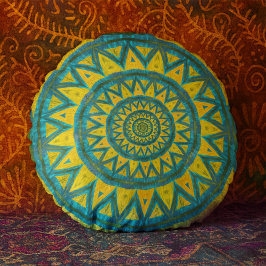 Ocker & Turkos Bohemisk Celestial Tribal Etnisk Rund Kudde