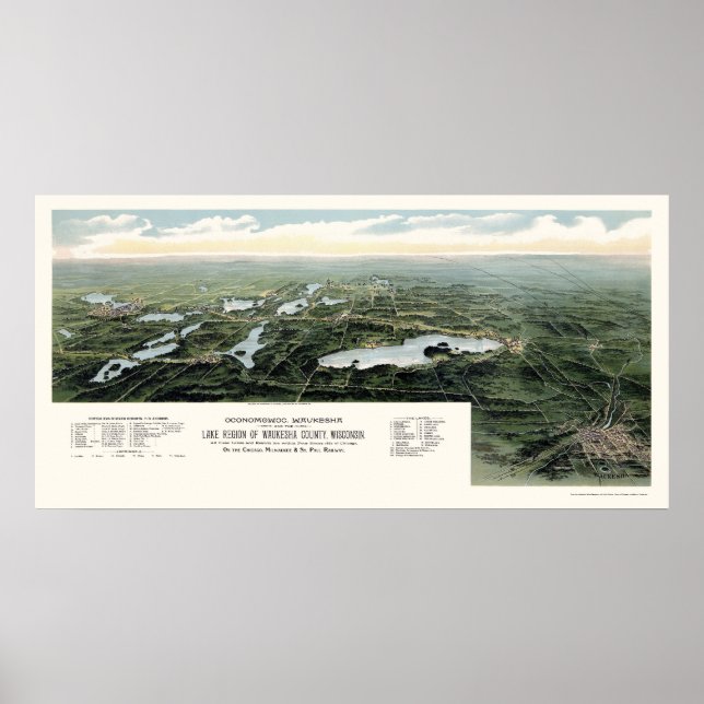 Oconomowoc och Waukesha, WI Panoramic Karta - 1890 Poster (Framsidan)