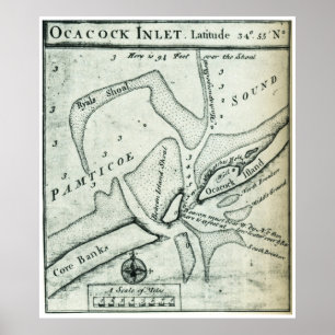Ocracoke öppningskarta - Blackeards ankra (1733) Poster