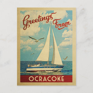 Ocracoke Sailboat Vintage resor North Carolina Vykort
