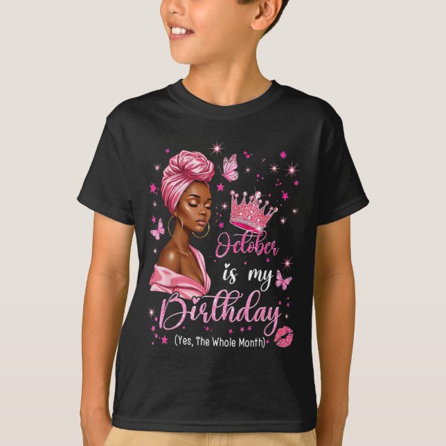 October Birthday Queen Pink Crown Butterfly Gift F T Shirt (Framsida)