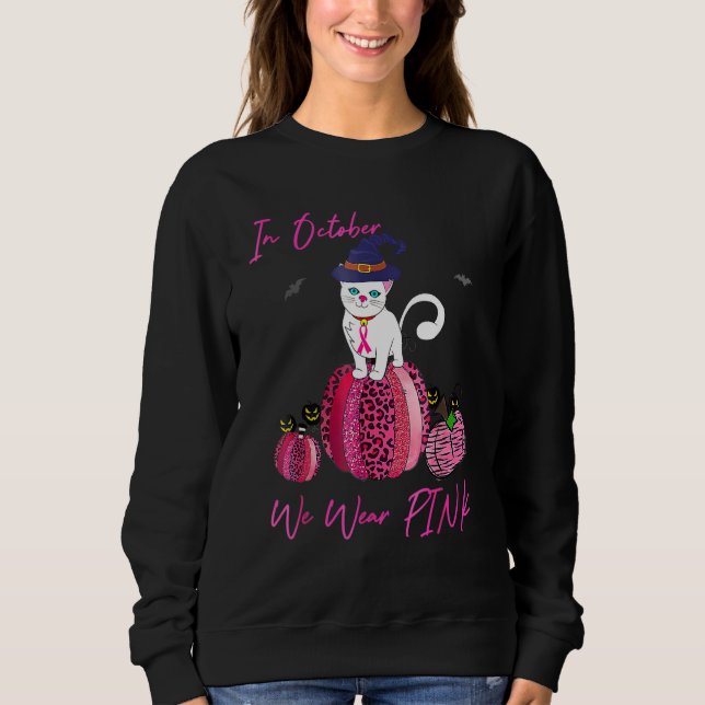 October We Wear Pink Pumpkin Cat With Witch Hat Ha T Shirt (Framsida)