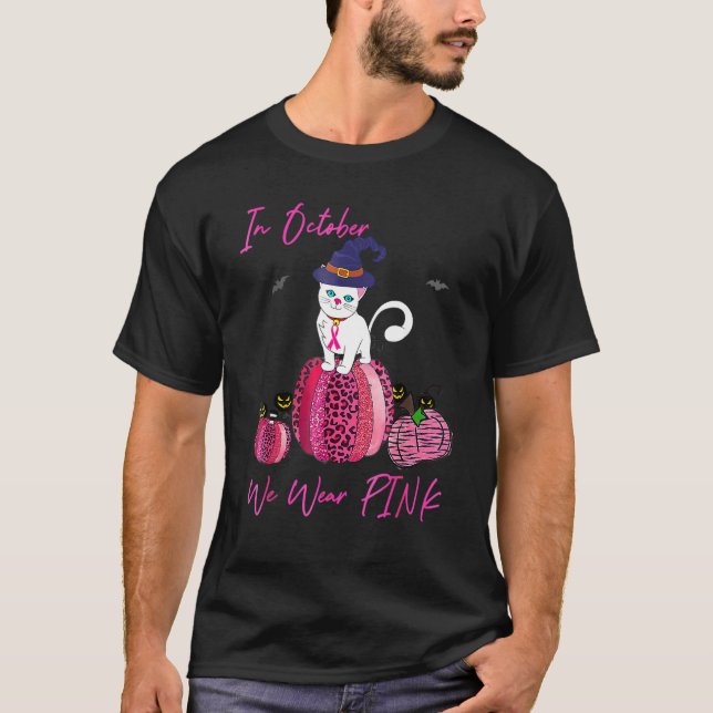 October We Wear Pink Pumpkin Cat With Witch Hat Ha T Shirt (Framsida)