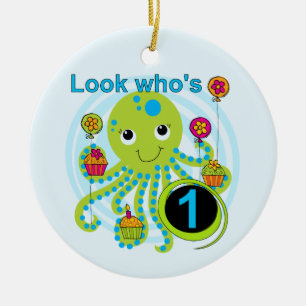Octopus 1:a födelsedag T-shirts och presenter Julgransprydnad Keramik
