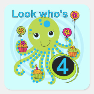 Octopus 4e födelsedagen T-skjortor och presenter Fyrkantigt Klistermärke