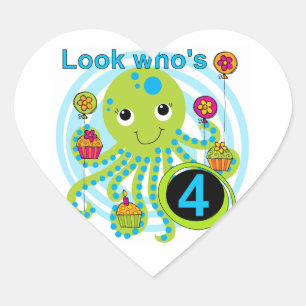 Octopus 4e födelsedagen T-skjortor och presenter Hjärtformat Klistermärke