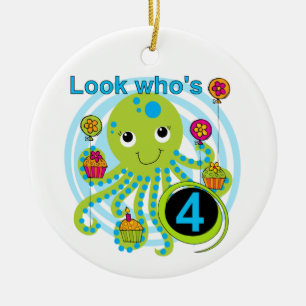 Octopus 4e födelsedagen T-skjortor och presenter Julgransprydnad Keramik