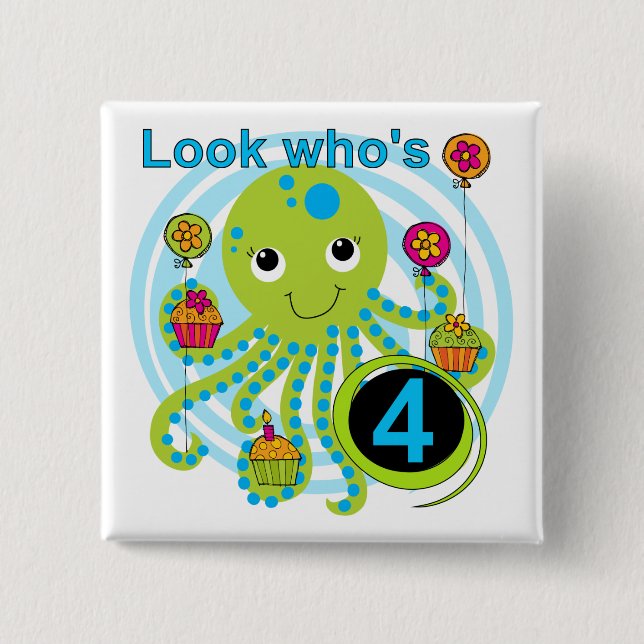 Octopus 4e födelsedagen T-skjortor och presenter Knapp (Framsida)