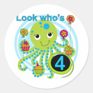 Octopus 4e födelsedagen T-skjortor och presenter Runt Klistermärke