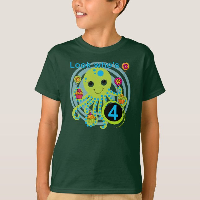 Octopus 4e födelsedagen T-skjortor och presenter Tee (Framsida)