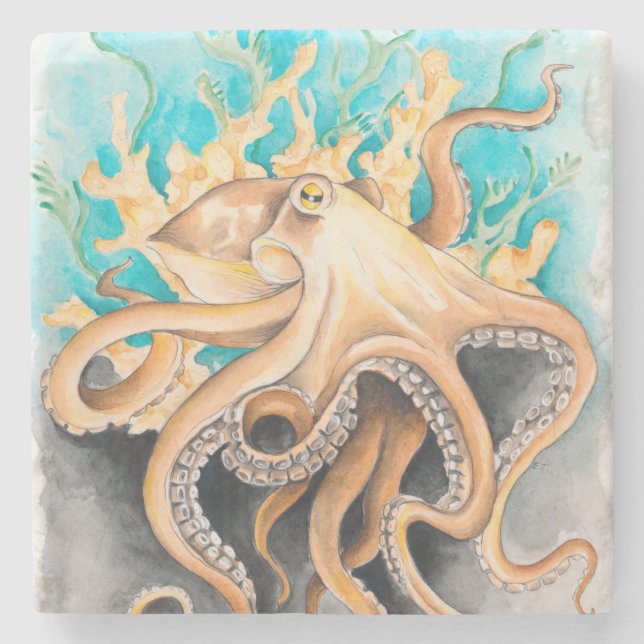 Octopus Algae Teal Watercolor Art Stenunderlägg (Framsidan)
