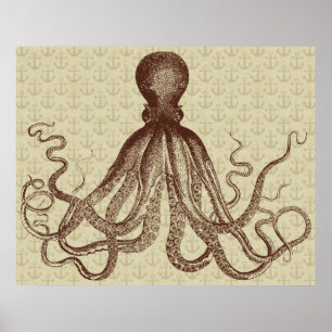Octopus Anchors Lord Bodner Vintage Brown Nautical Poster