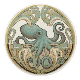 Octopus Aqua Green Cream & Gold Art Deco Nouveau Knopp