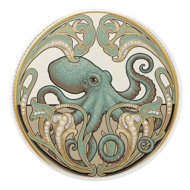 Octopus Aqua Green Cream & Gold Art Deco Nouveau Knopp (Framsidan)