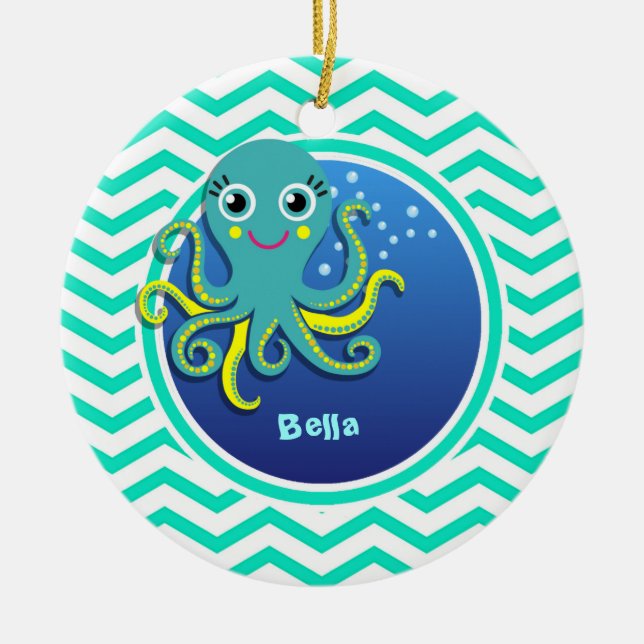 Octopus, Aqua Grönt Chevron Julgransprydnad Keramik (Framsidan)