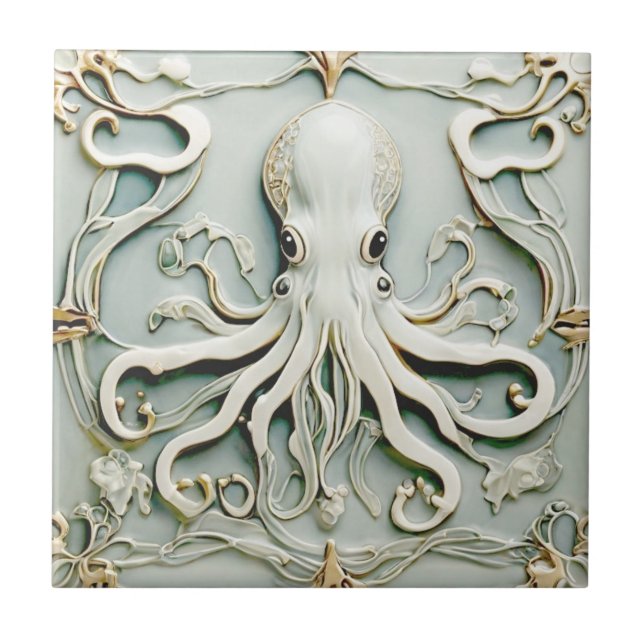 Octopus Art nouveau Faux Relief Antique Mint Kakelplatta (Framsidan)