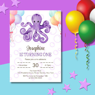 Octopus Balloon Lila Bubble Barns födelsedag Inbjudningar