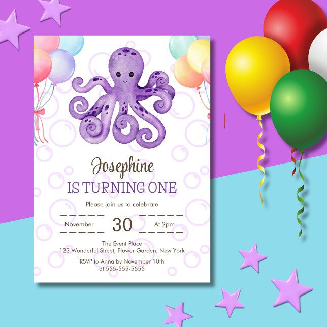 Octopus Balloon Lila Bubble Barns födelsedag Inbjudningar (Skapare uppladdad)