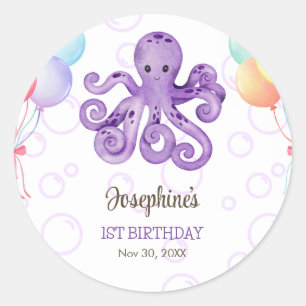 Octopus Balloon Lila Bubble Barns födelsedag Runt Klistermärke