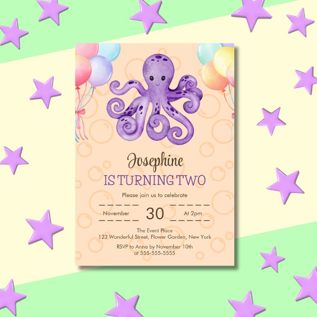 Octopus Balloon Peach Bubble Barns födelsedag Inbjudningar (Skapare uppladdad)