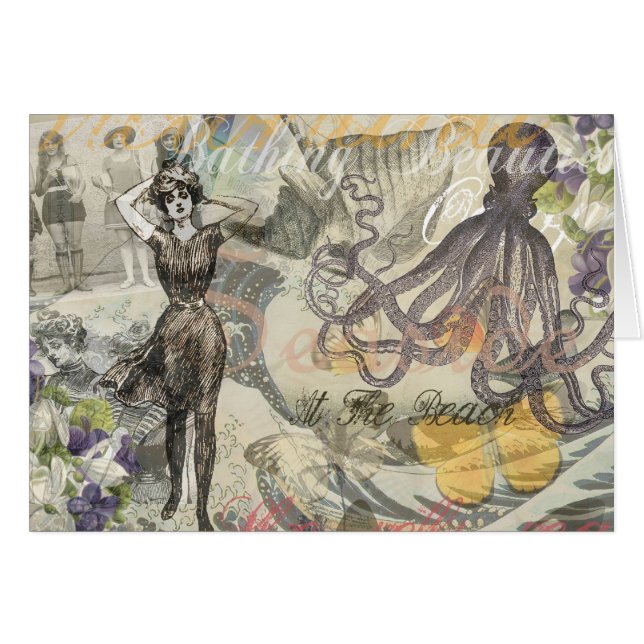 Octopus Beach Antique Coastal Steampunk Hälsningskort (Framsidan Horizontal)