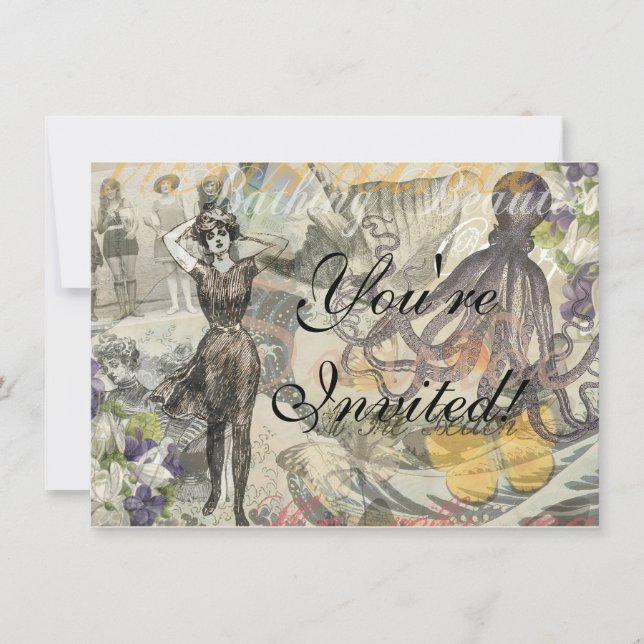 Octopus Beach Antique Coastal Steampunk Inbjudningar (Framsida)