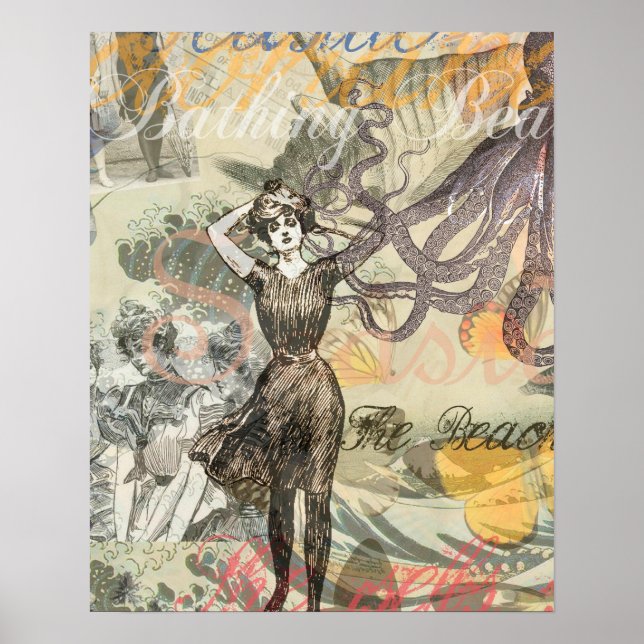 Octopus Beach Antique Coastal Steampunk Poster (Framsidan)