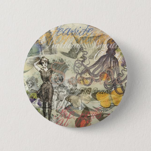 Octopus Beach Vacation Victorian Gothic Roligt Knapp (Framsida)