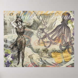 Octopus Beach Vacation Victorian Gothic Roligt Poster