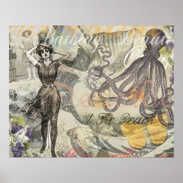Octopus Beach Vacation Victorian Gothic Roligt Poster (Framsidan)